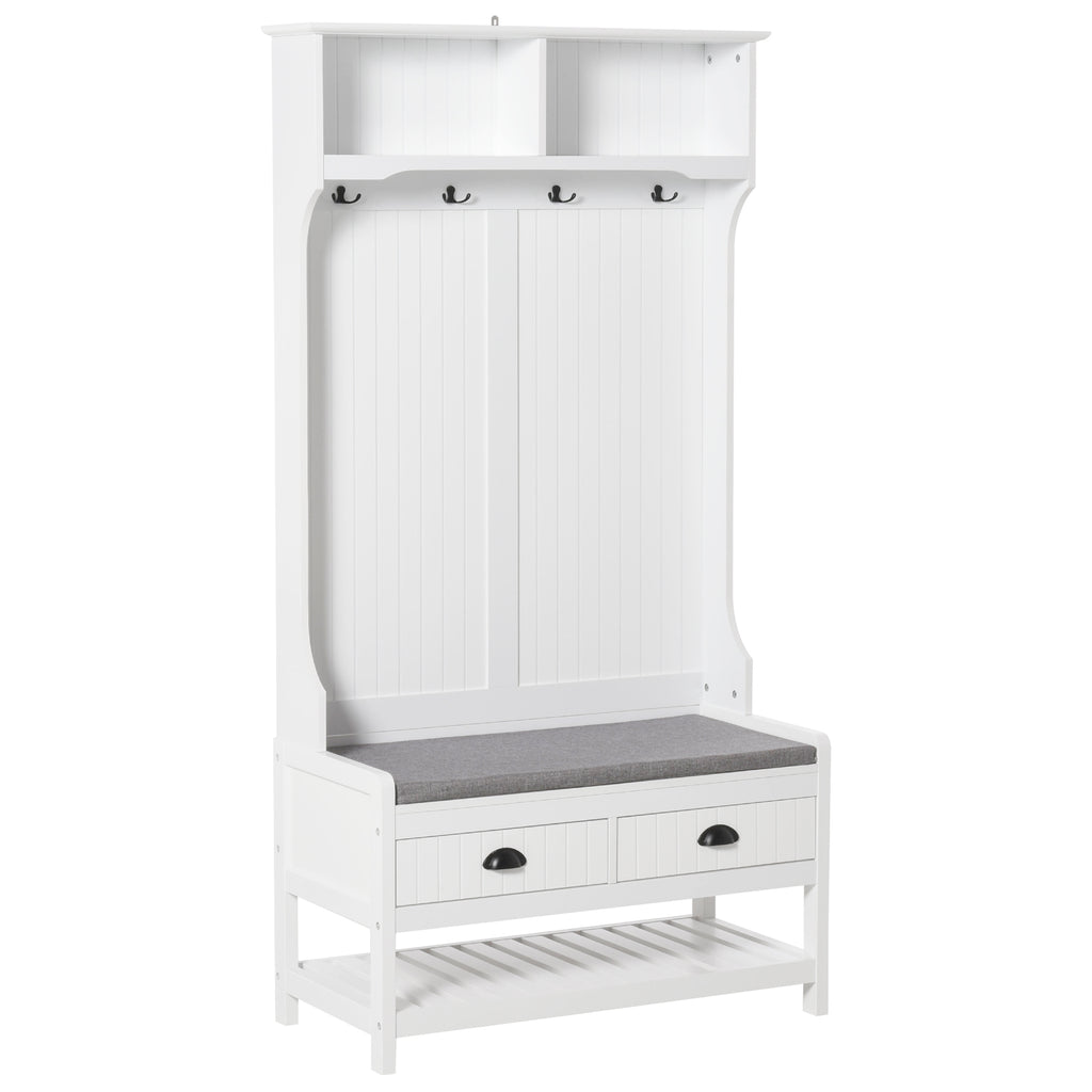 Cabide Sapateira com banco 4 ganchos 2 compartimentos abertos 2 gavetas removíveis e prateleira inferior moderna para corredor entrada 87x42x172 cm Branco — foto 1