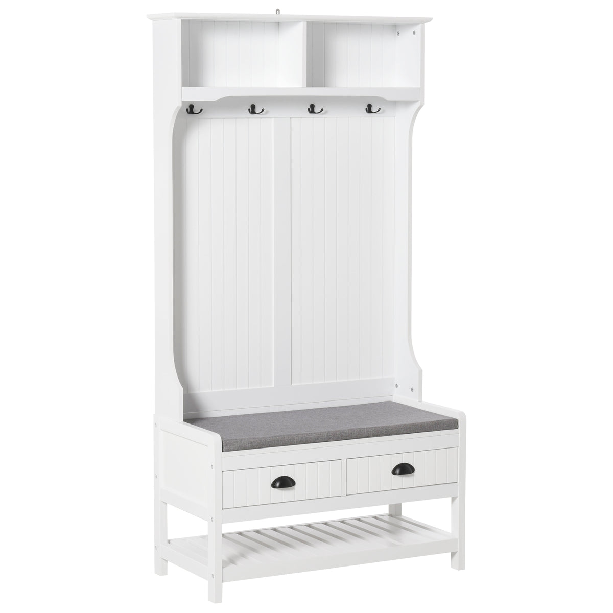 Cabide Sapateira com banco 4 ganchos 2 compartimentos abertos 2 gavetas removíveis e prateleira inferior moderna para corredor entrada 87x42x172 cm Branco — foto 1