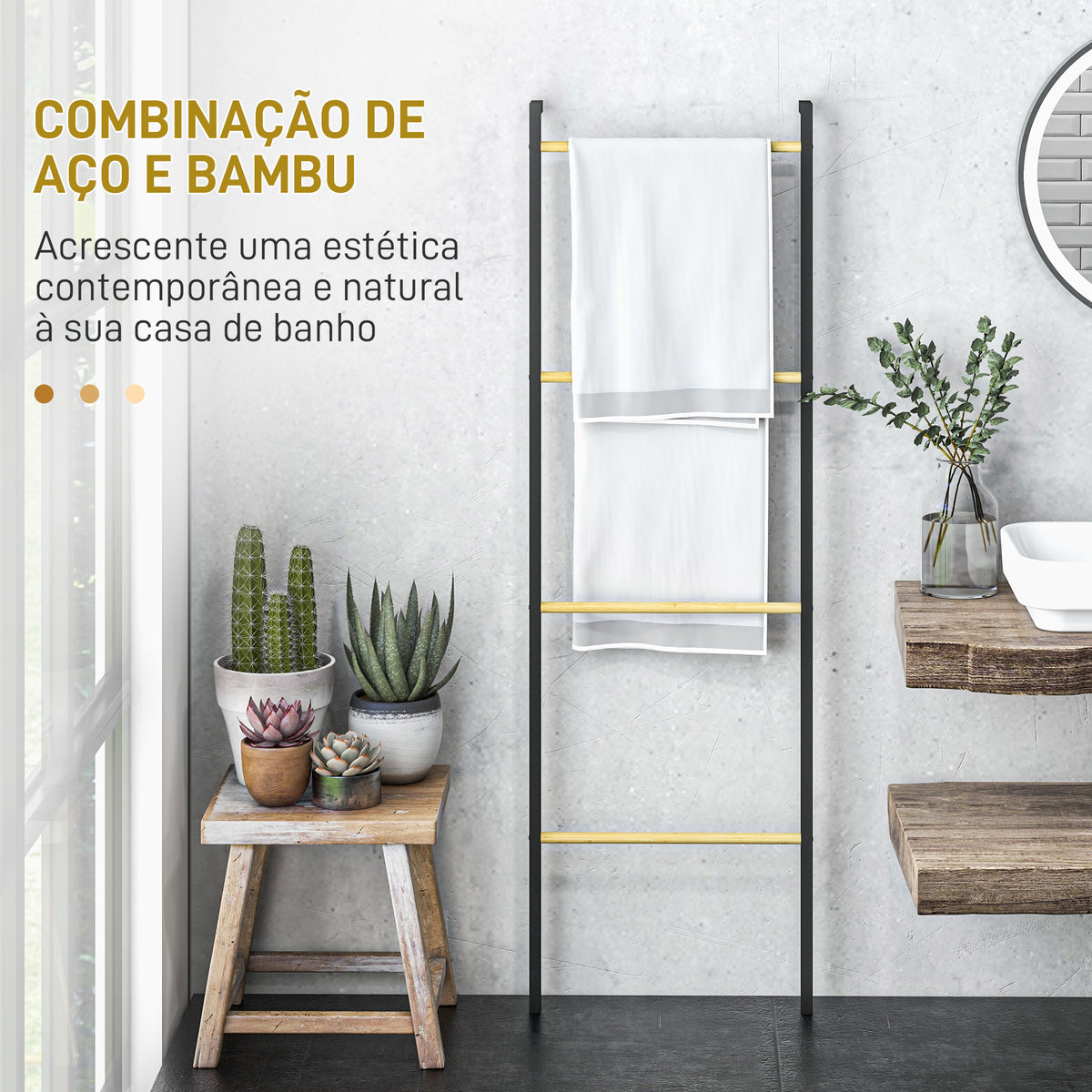 Toalheiro de 4 Níveis Toalheiro Escada Apoiado na Parede Toalheiro Casa de Banho com 4 Barras de Bambu e Estrutura de Aço 49x5,5x167,5 cm Preto e Madeira — foto 4