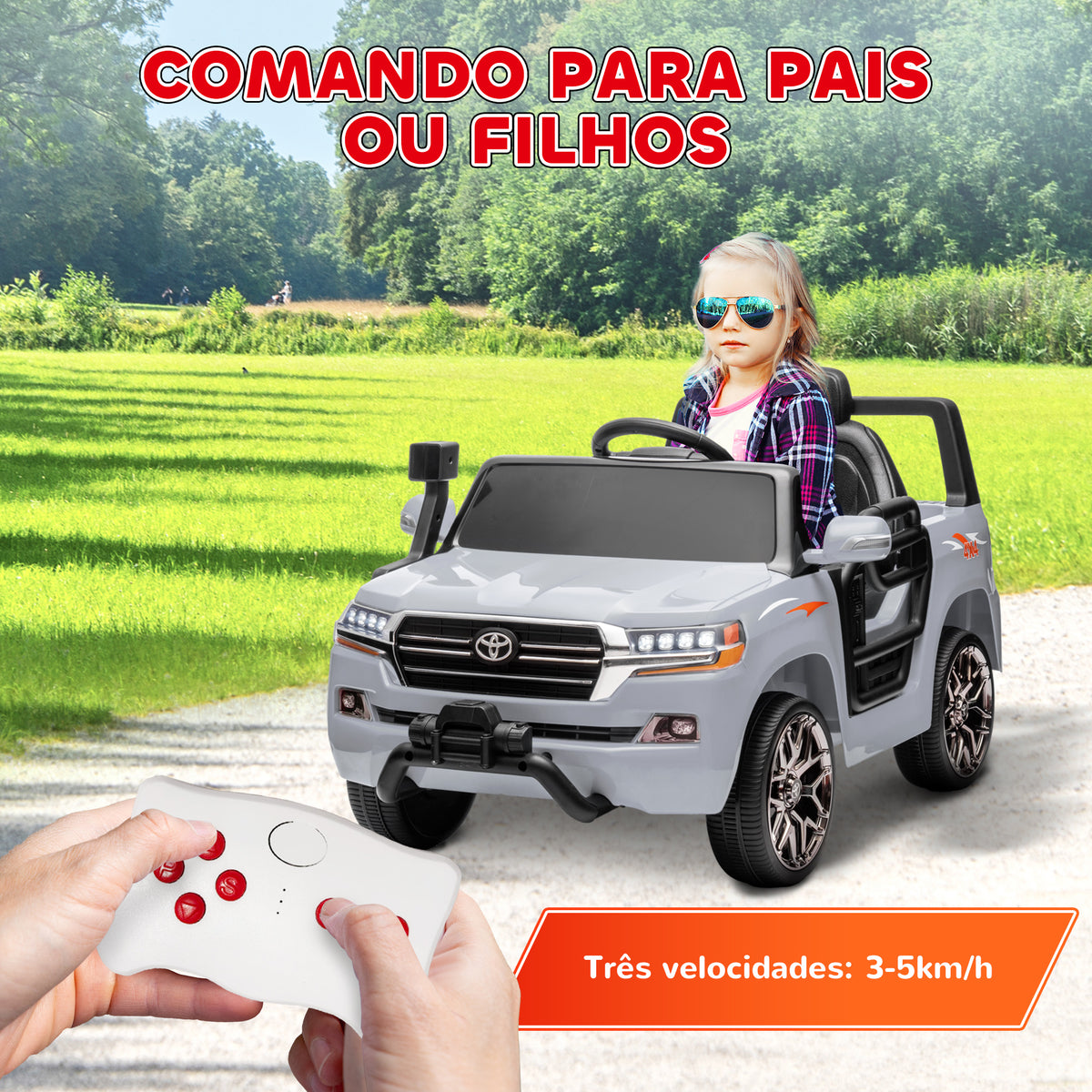 Carro Elétrico para Crianças acima de 3 Anos Carro Elétrico Toyota Land Cruiser com Bateria 12V Controlo Remoto Faróis Buzina Arranque Lento e Música MP3 107x65x55,5 cm Cinza — foto 5