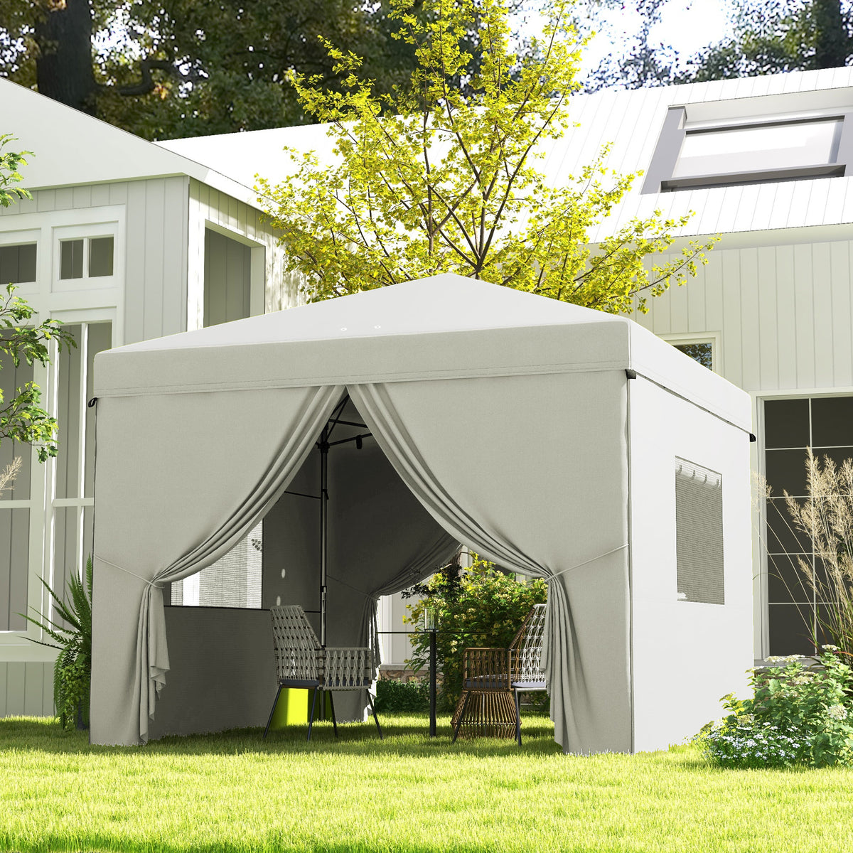 Tenda Dobrável 3x3 m Tenda de Jardim com 4 Paredes Laterais 2 Janelas de Malha Altura Ajustável Bolsa de Transporte Impermeável e Anti-UV para Campismo Festas Branco — foto 2