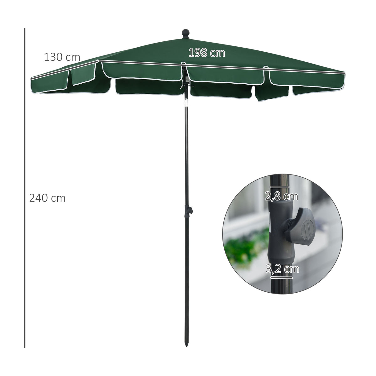 Chapéu de Sol Retangular de Jardim 198x130x240cm Chapéu de Sol de Alumínio com Função de Inclinação para Terraço Pátio Exterior Verde — foto 3