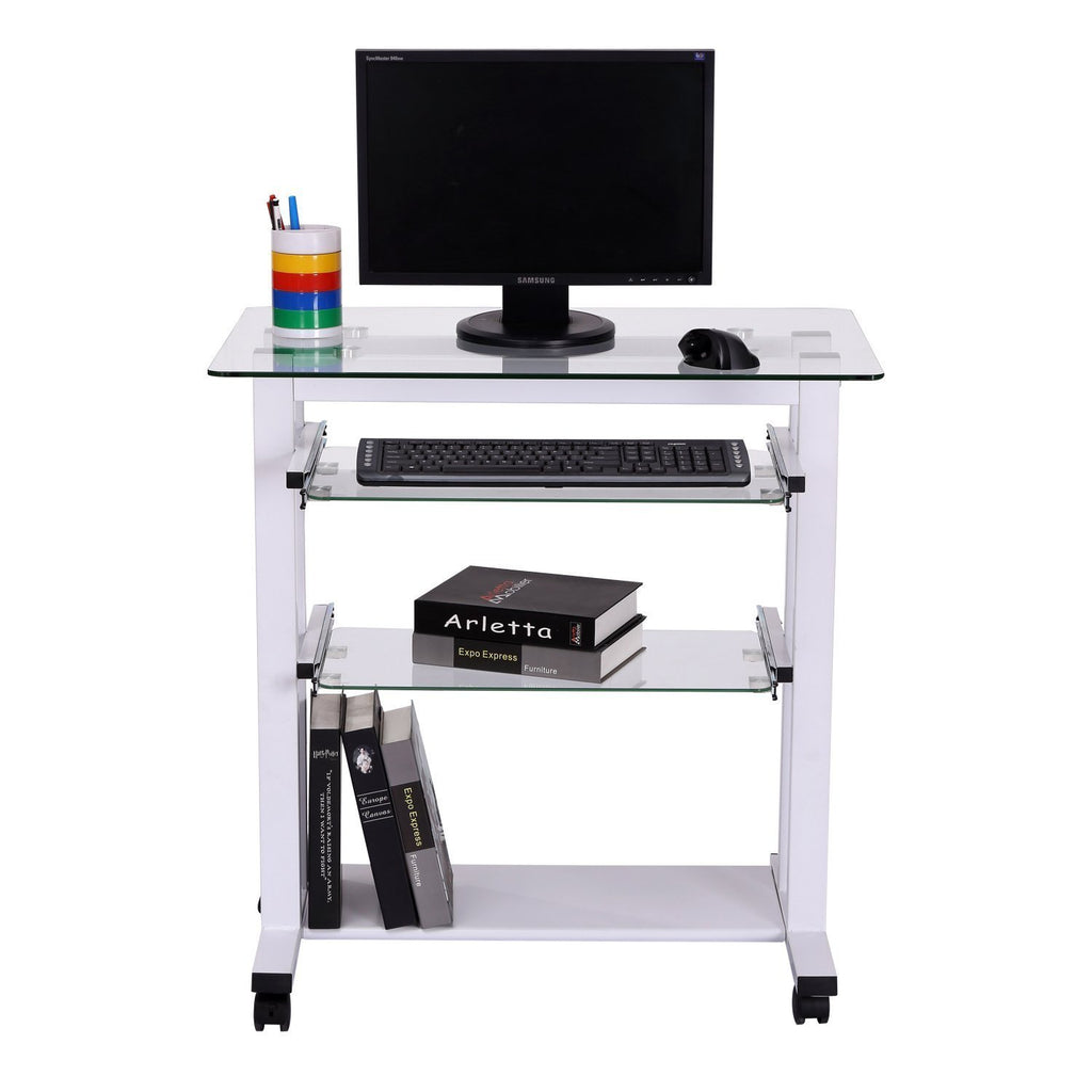 Secretária com Rodas Mesa para Computador com Bancada e Prateleiras de Cristal para Dormitório Escritório 80x51x83cm Branco — foto 8