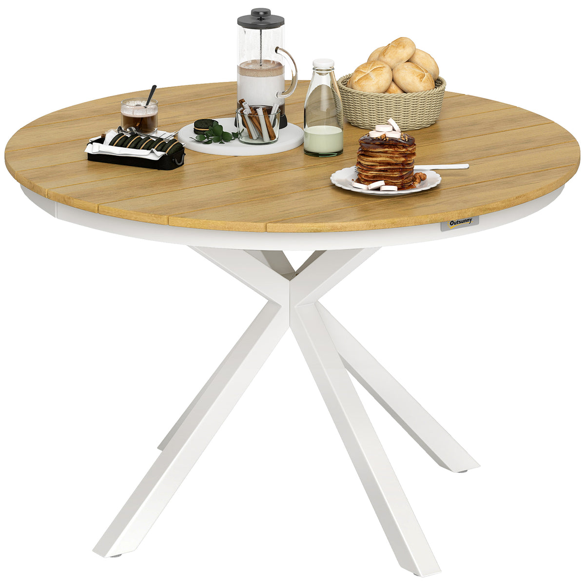 Mesa de Jardim Redonda Mesa de Exterior Ø118x74 cm com Estrutura de Alumínio Pés Cruzados e Bancada em Ripas Carga 70 kg para Pátio Varanda Madeira e Branco — foto 1