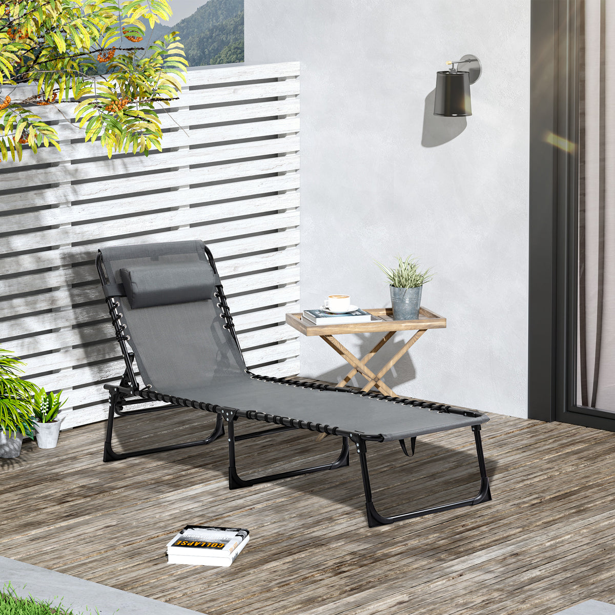 Espreguiçadeira Dobrável, Espreguiçadeira Jardim Exterior Reclinável 5 Posições, com Apoio de Cabeça Acolchoado, Bolso Lateral e Estrutura de Aço, para Terraço, Piscina, 189x58x30 cm, Cinzento — foto 2