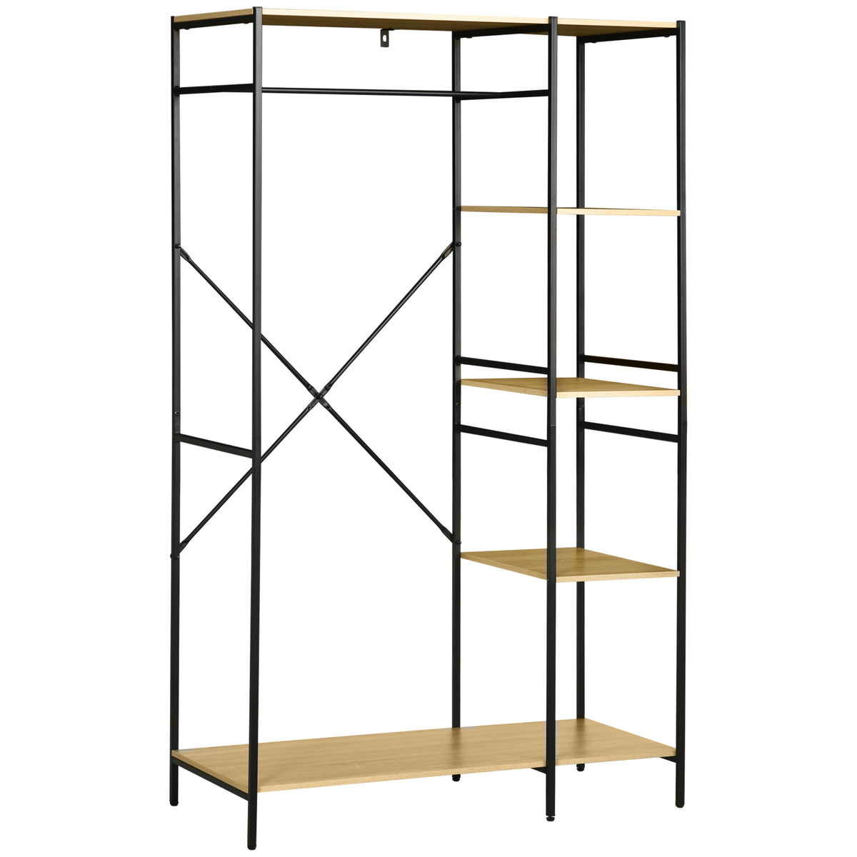 Suporte para Cabides Cabideiro de Madeira com 4 Prateleiras de Arrumação e Barra de Pendurar Carga Máxima 30kg para Dormitório Entrada 100x46x170,5cm Madeira e Preto — foto 1