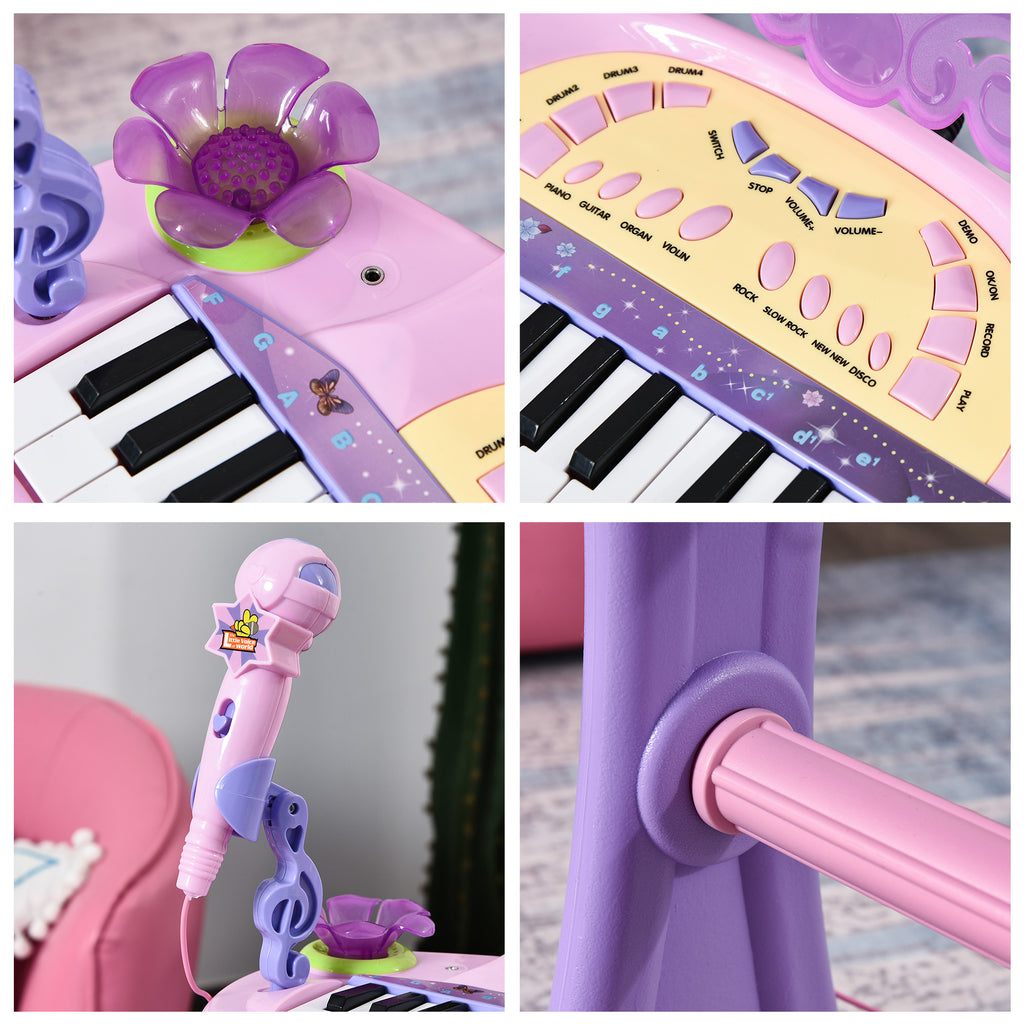 Piano Eléctrico Infantil 32 Teclas Piano Infantil com Microfone Banquinho Luzes Ritmos Sons MP3 Karaoke Modo Aprender Rosa — foto 8