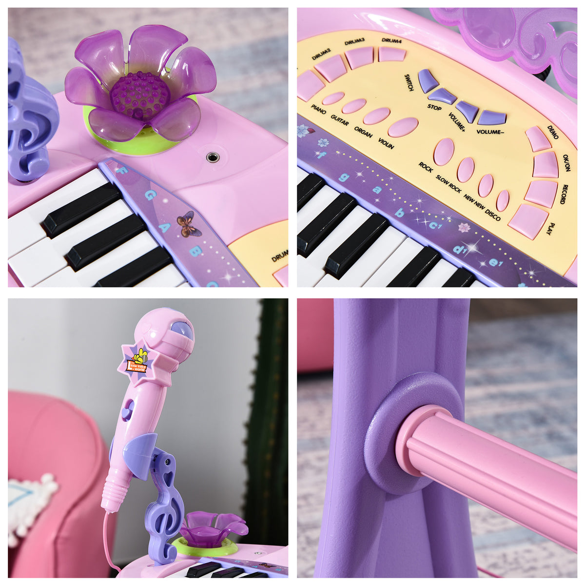 Piano Eléctrico Infantil 32 Teclas Piano Infantil com Microfone Banquinho Luzes Ritmos Sons MP3 Karaoke Modo Aprender Rosa — foto 8