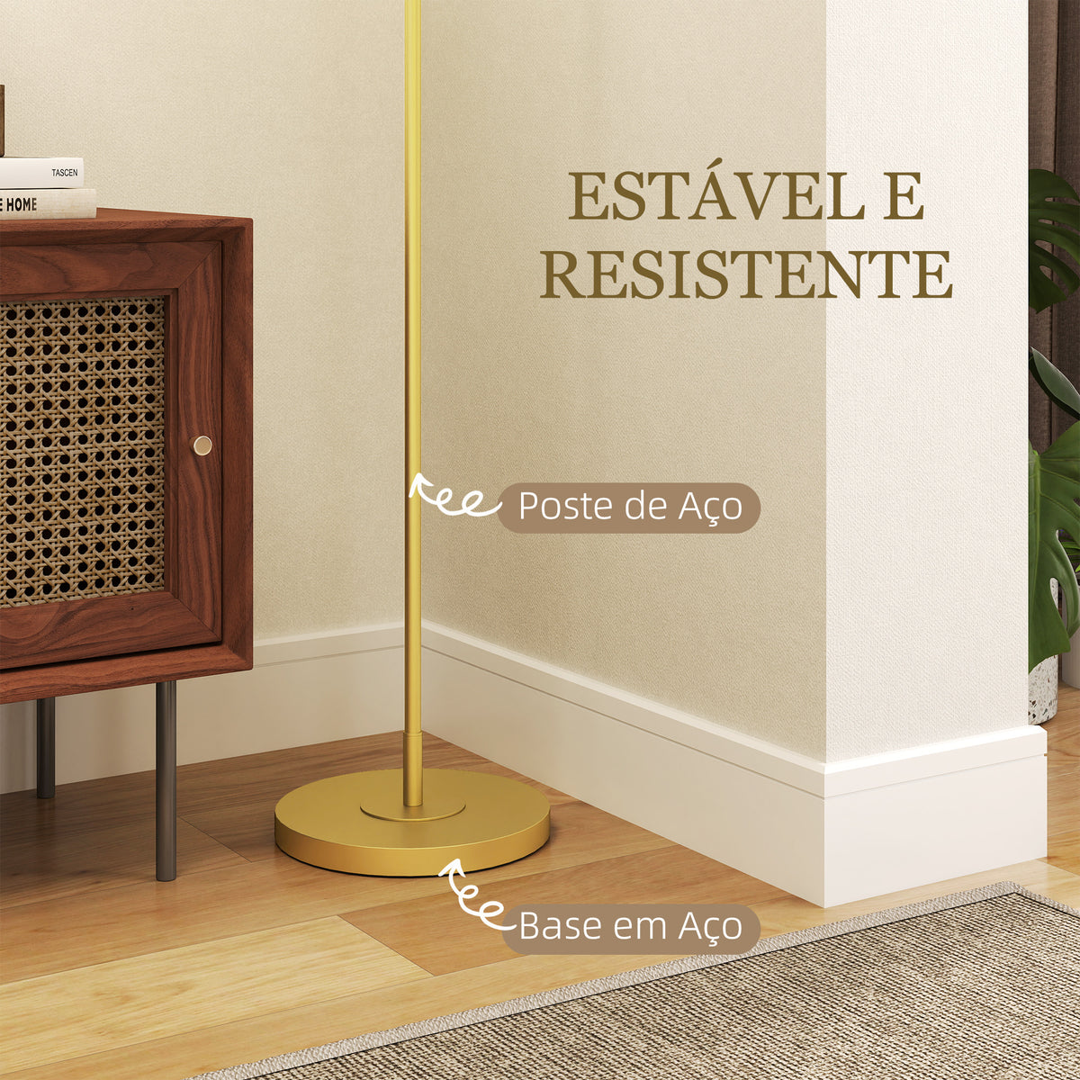 Candeeiro de Pé Moderno Lâmpada E27 Máx. 40W com Ecrã de Linho Estrutura de Aço e Interruptor de Pé Candeeiro de Leitura para Sala de Estar Dormitório 64x38x163,5 cm Branco e Dourado — foto 7