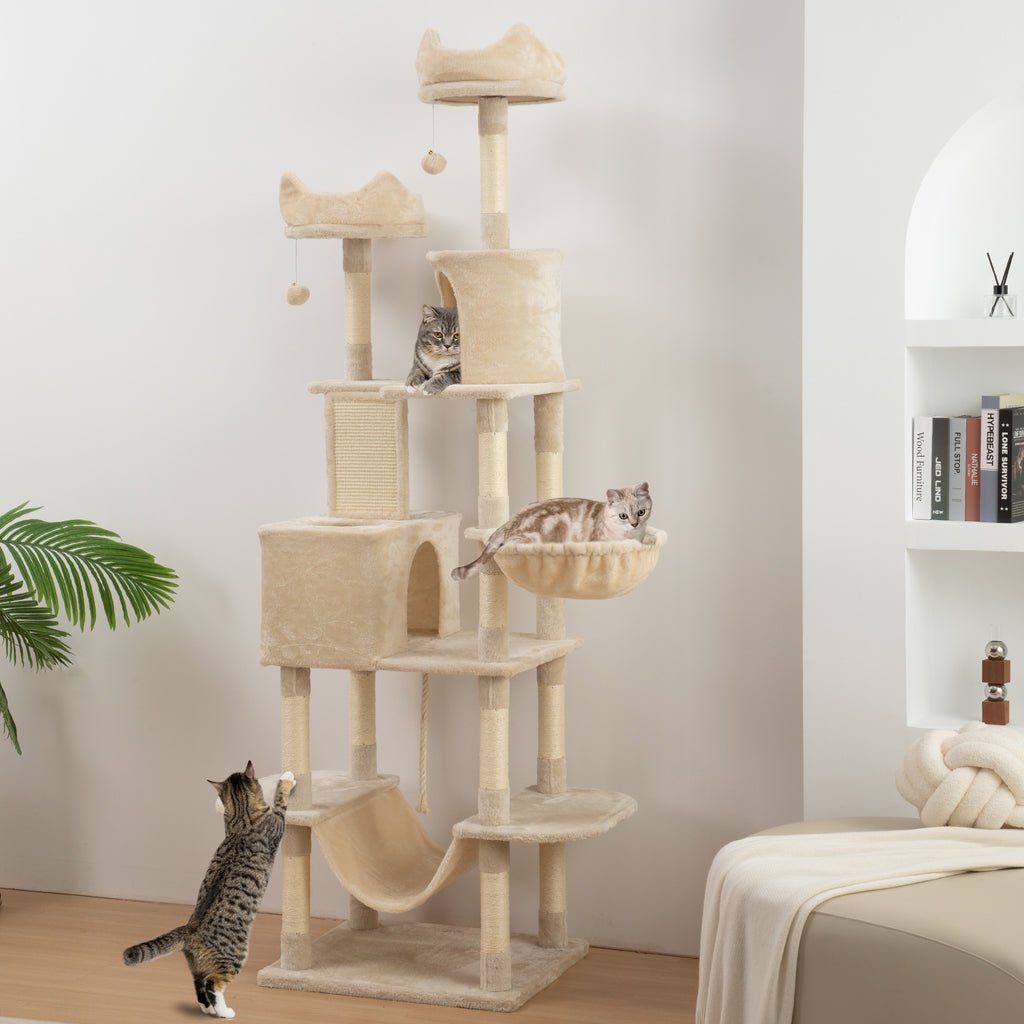 Arranhador para Gatos Grande Altura 173 cm Arranhador para Gatos Torre para Gatos com Plataformas Caverna Bolas Suspensa e Rede Bege — foto 2