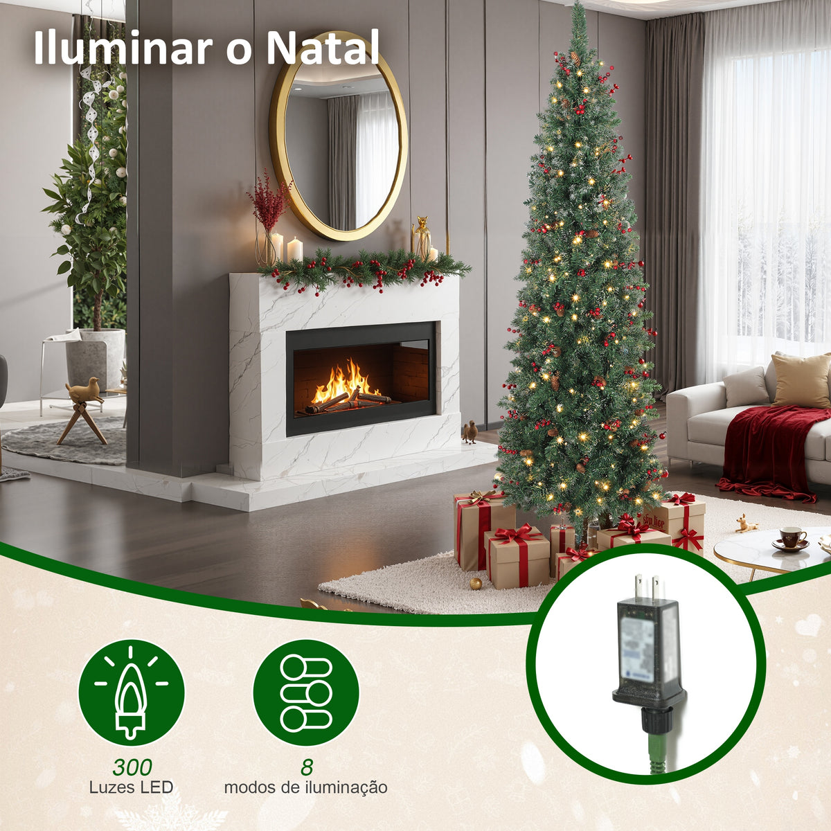 Árvore de Natal Slim 210 cm Árvore de Natal Artificial com Luzes LED Branco Quente 8 Modos de Iluminação 656 Ramos com Purpurina Prateada Pinhas Bagas e Suporte Metálico Verde — foto 5