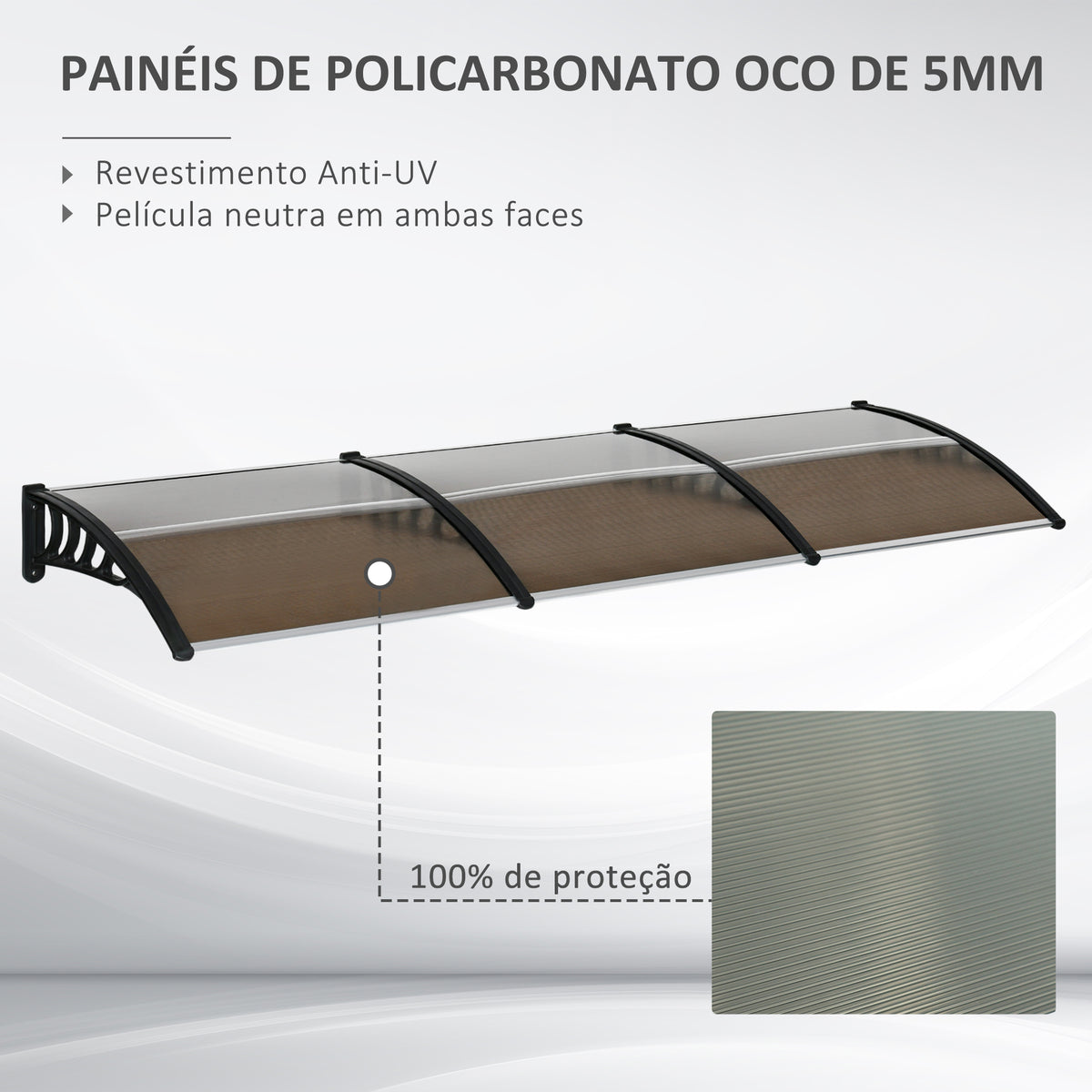 Marquise para Exterior de Portas e Janelas, 303x96 cm, Cobertura de Proteção contra Sol e Chuva, com Painel de Policarbonato e Barras de Alumínio, Castanho — foto 4