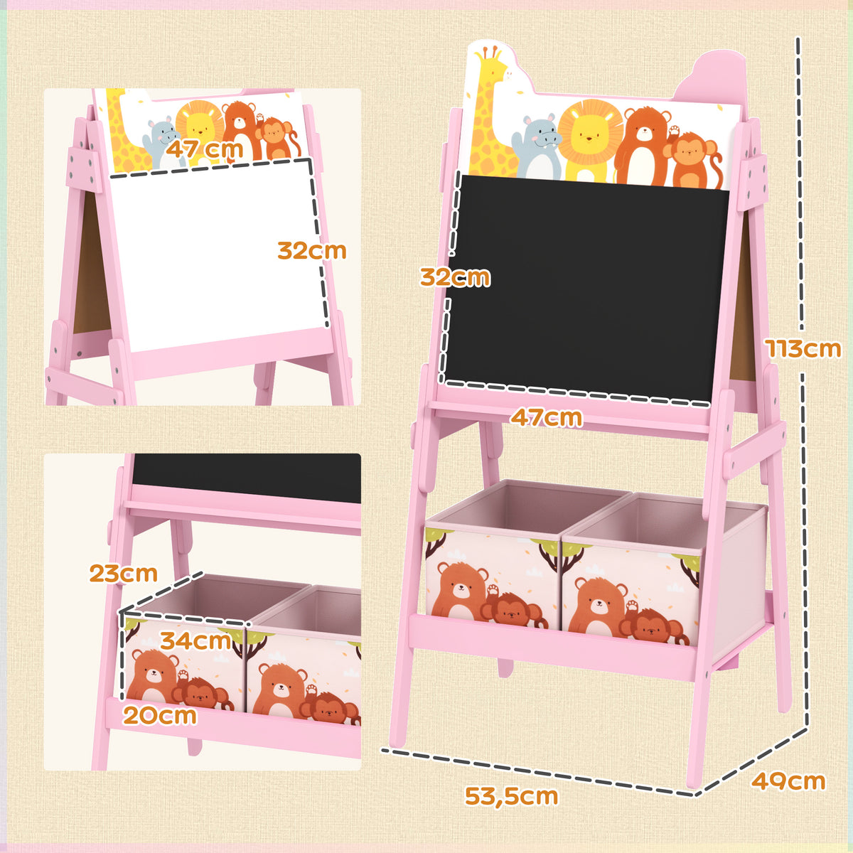 Cavalete para Crianças 2 em 1 Arsósia Infantil com Dupla Face 2 Caixas de Arrumação Cavalete de Pintura para Crianças com Estampa em Animais 53,5x49x113 cm Rosa — foto 3
