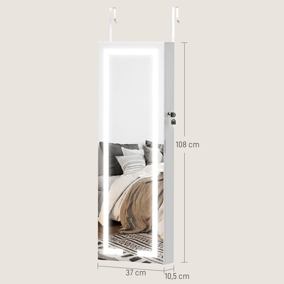Espelho Joalheiro de Parede Espelho de Parede com Luzes LED e Fechadura Armário para Jóias para Pendurar na Parede ou na Porta 37x10,5x108 cm Branco — foto 3