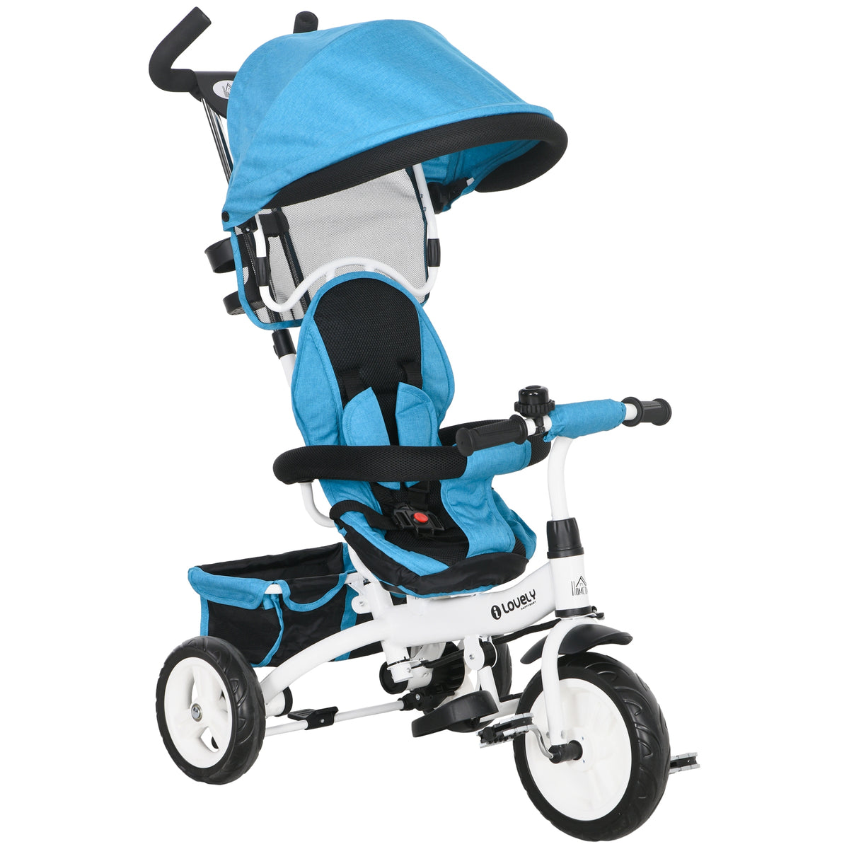 Triciclo para Bebés 2 em 1 Triciclo Evolutivo para Crianças de +12 Meses com Toldo Dobrável Guiador Telescópico e Removível Cinto de Segurança e Cesto 95x50x106 cm Azul — foto 1
