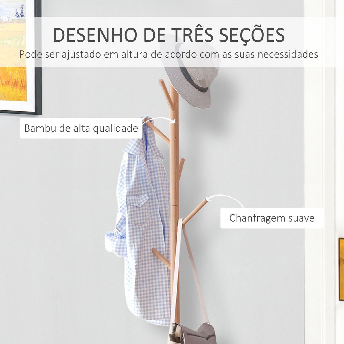Cabide de Pé com Sapateira Cabide Tipo Árvore Moderno 6 Ganchos para Pendurar Roupa Malas Banco com Arrumação Corredor de Entrada Bambu 40x30x180cm — foto 6