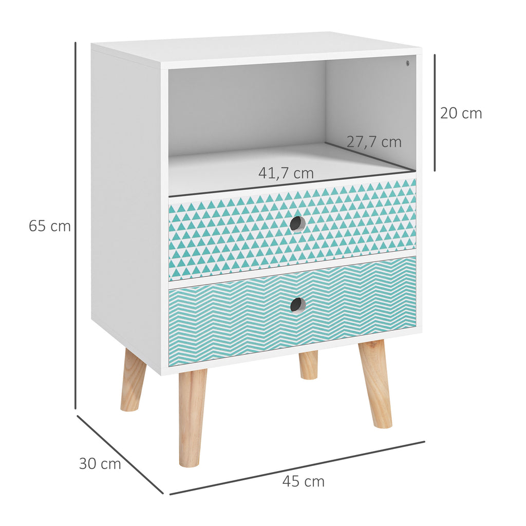 Mesa de Cabeceira com 2 Gavetas e Prateleira Aberta Mesa de Cabeceira Multiuso 45x30x65 cm Branco e Azul — foto 3