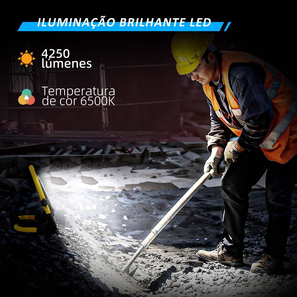 Preojetor LED Recarregável com Cabeças e Suporte Ajustáveis 50W 4250 Lúmenes IP65 6500K Reflector LED Resistente à Intemperie Portátil com Pega para Interior e Exterior Amarelo e Preto — foto 5