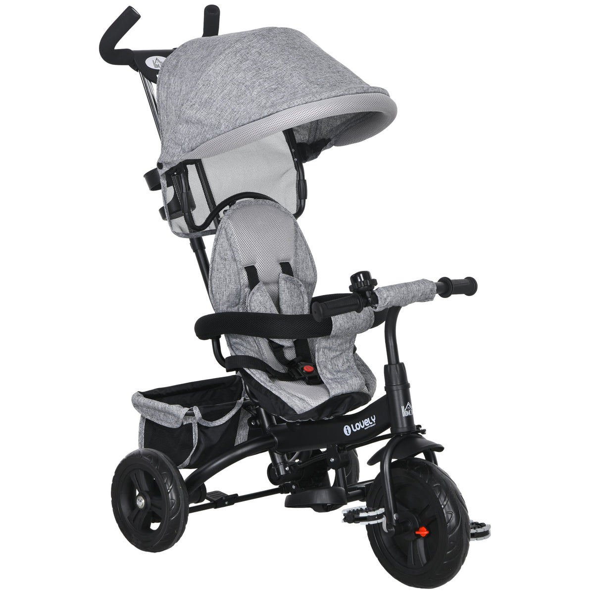 Triciclo para Bebés 2 em 1 Triciclo Evolutivo para Crianças de +12 Meses com Toldo Dobrável Guiador Telescópico e Removível Cinto de Segurança e Cesto 95x50x106 cm Cinza — foto 1