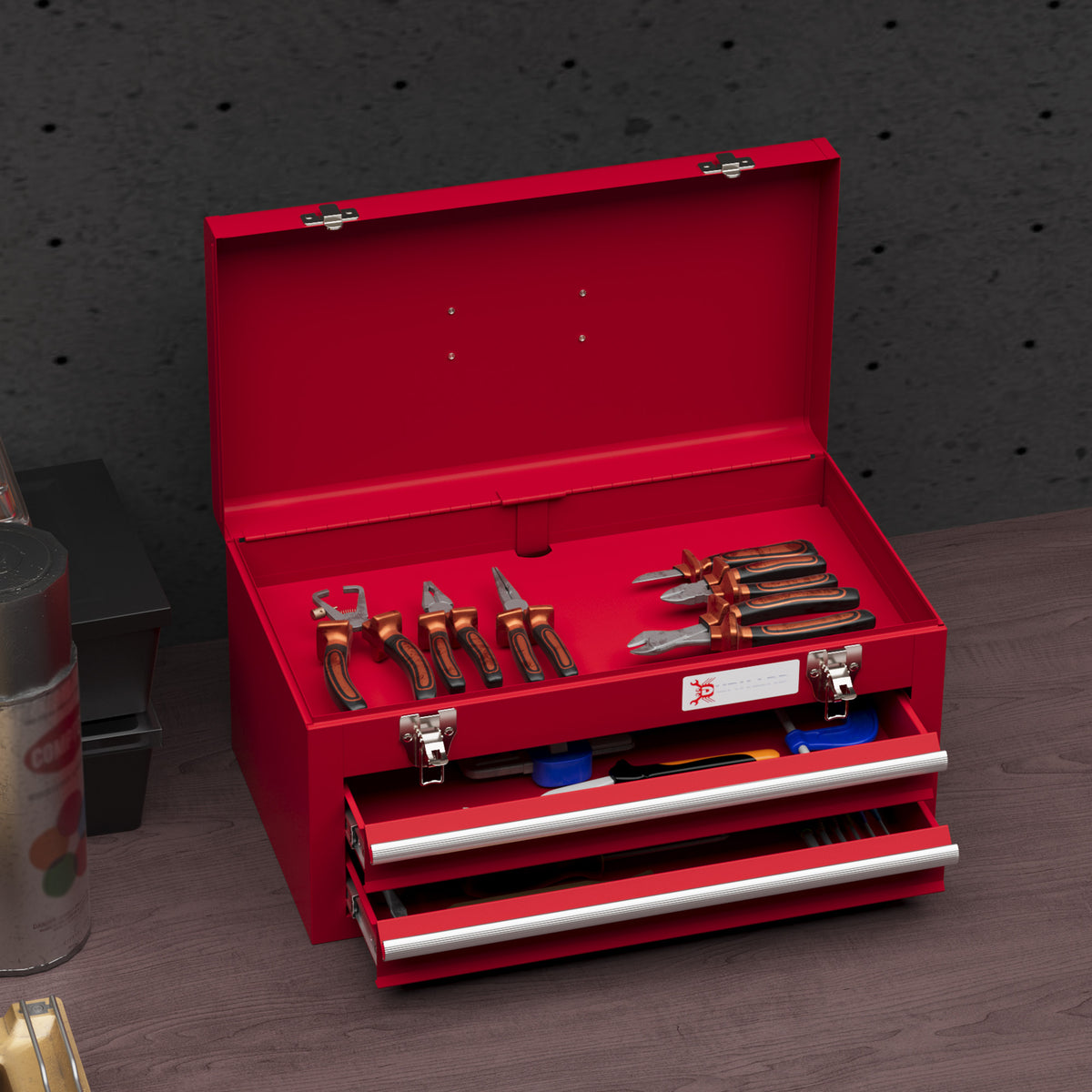Caixa de Ferramentas de Aço com 2 Gavetas Tampa Abatível e Fechaduras Metálicas Mala de Ferramentas Portátil para Oficina Bricolage Casa 46x24x22 cm Vermelho — foto 7