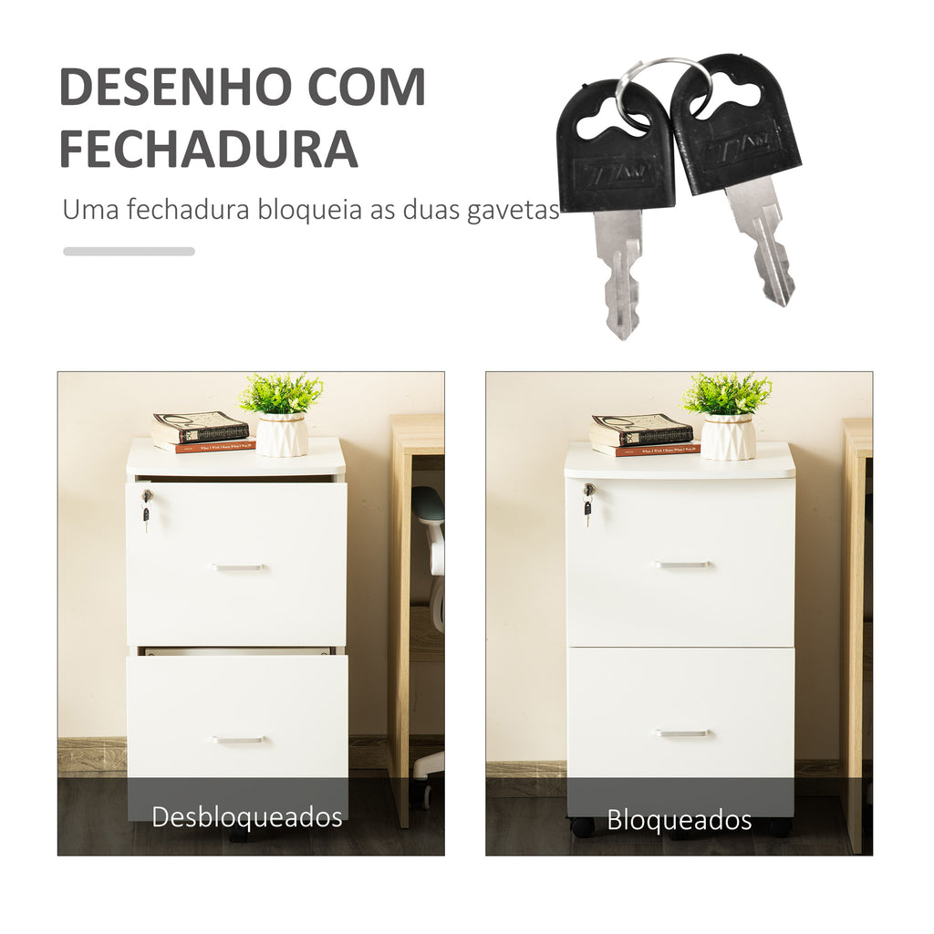 Bloco de Gavetas de Escritório Móvel Auxiliar para Arquivos com 2 Gavetas Fechadura 2 Chaves 5 Rodas e 2 Freios para Estúdio Escritório Dormitório 43x45x72cm Branco — foto 4