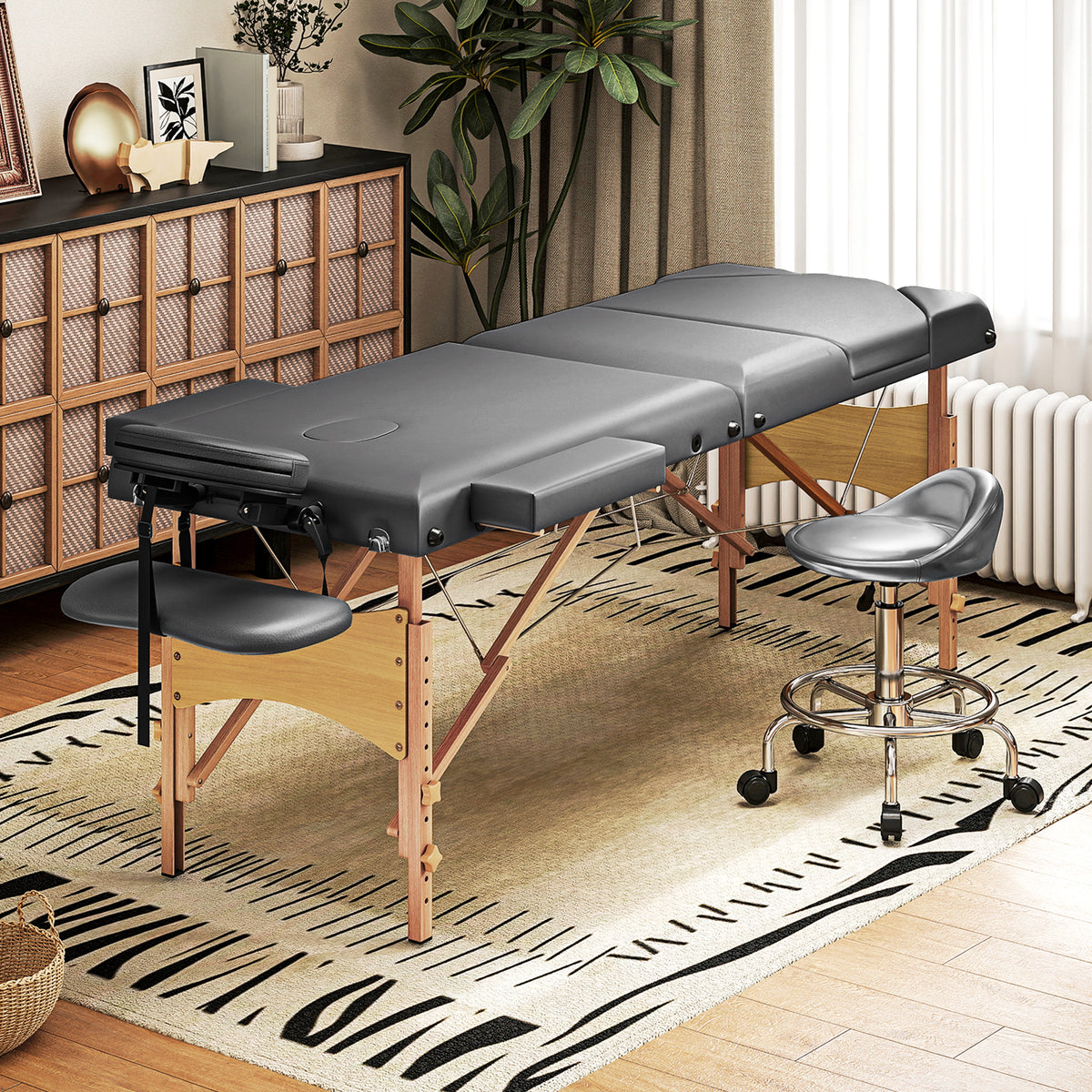 Marquesa de Massagem Dobrável Portátil Marquesa Estética Profissional em Madeira de 3 Zonas com Altura Ajustável Apoio de Cabeça Apoios de Braço Acolchoados 215x60x64-89 cm Cinza — foto 2