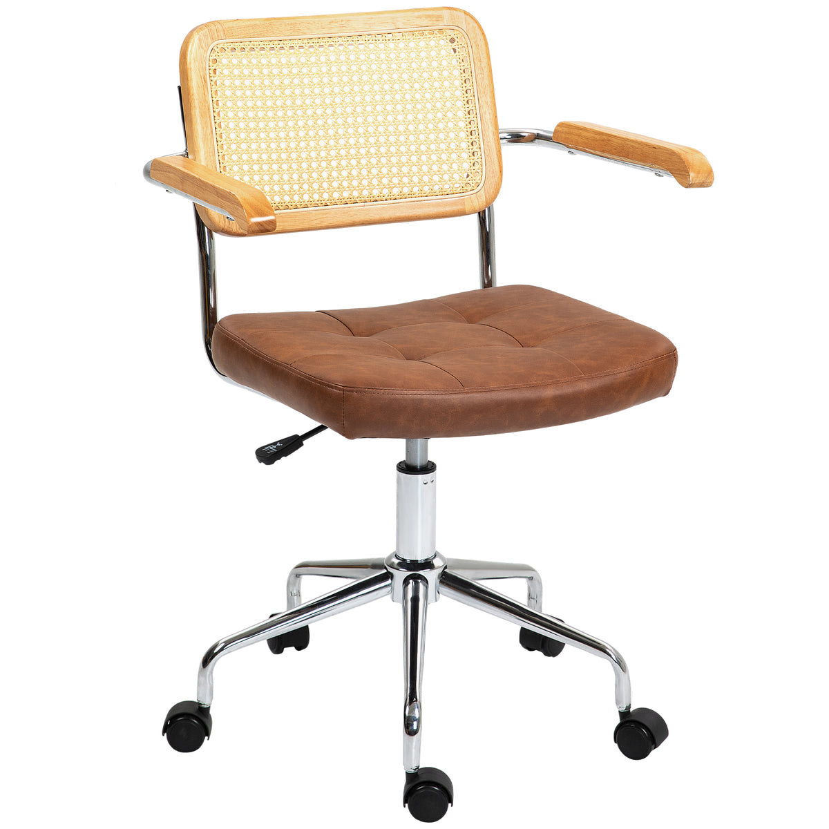 Cadeira de Escritório Giratória Cadeira de Escritório com Altura Ajustável Função Basculante e Encosto de Vime Sintético Cadeira de Estúdio Carga 120 kg 60x55,5x82-90 cm Marrom — foto 1