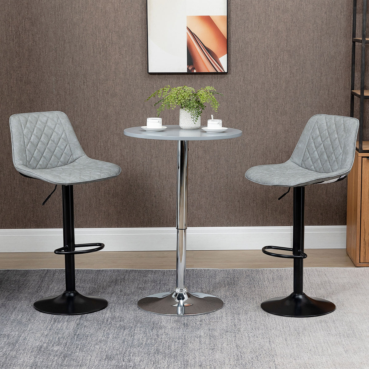 Conjunto de Bancos de Bar Estofados em PU Bancos Altos de Sala de Jantar com Altura Ajustável Assento Giratório e Apoio para os Pés Carga Máxima 120kg 46,5x51x86-106 cm Cinzento — foto 2