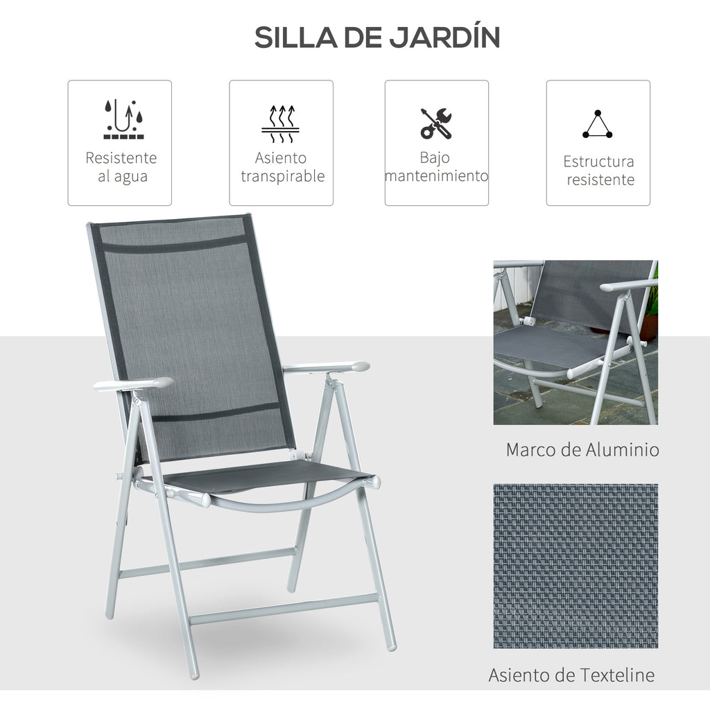 Conjunto de 2 cadeiras dobráveis ​​de alumínio para jardim com encosto alto ajustável de 8 níveis e apoio de braços 65x55x107 cm cinza — foto 6
