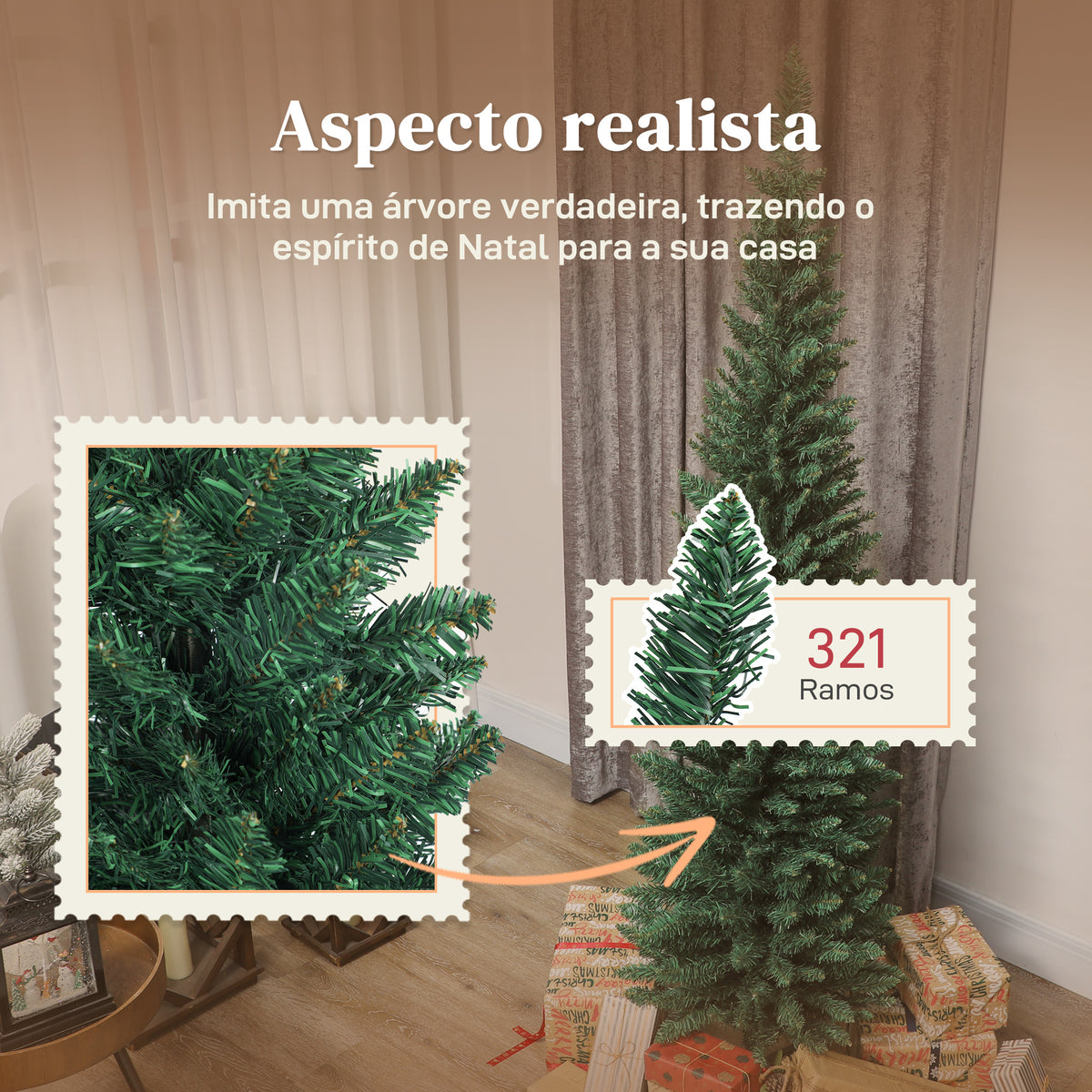Árvore de Natal Slim 180 cm Árvore de Natal Artificial com 321 Ramos Suporte Metálico Fácil de Montar Decoração para Interior Casa Escritório Verde — foto 5