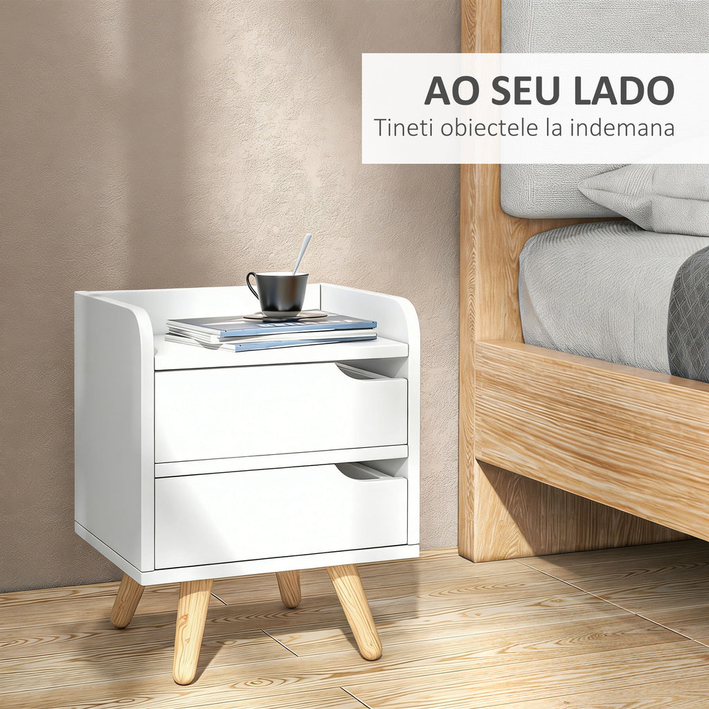 Mesa lateral de cabeceira multiuso para sala de estar ou quarto com 2 gavetas espaçosas Pernas de pinho elevado Design moderno 33x28x42cm Branco — foto 4