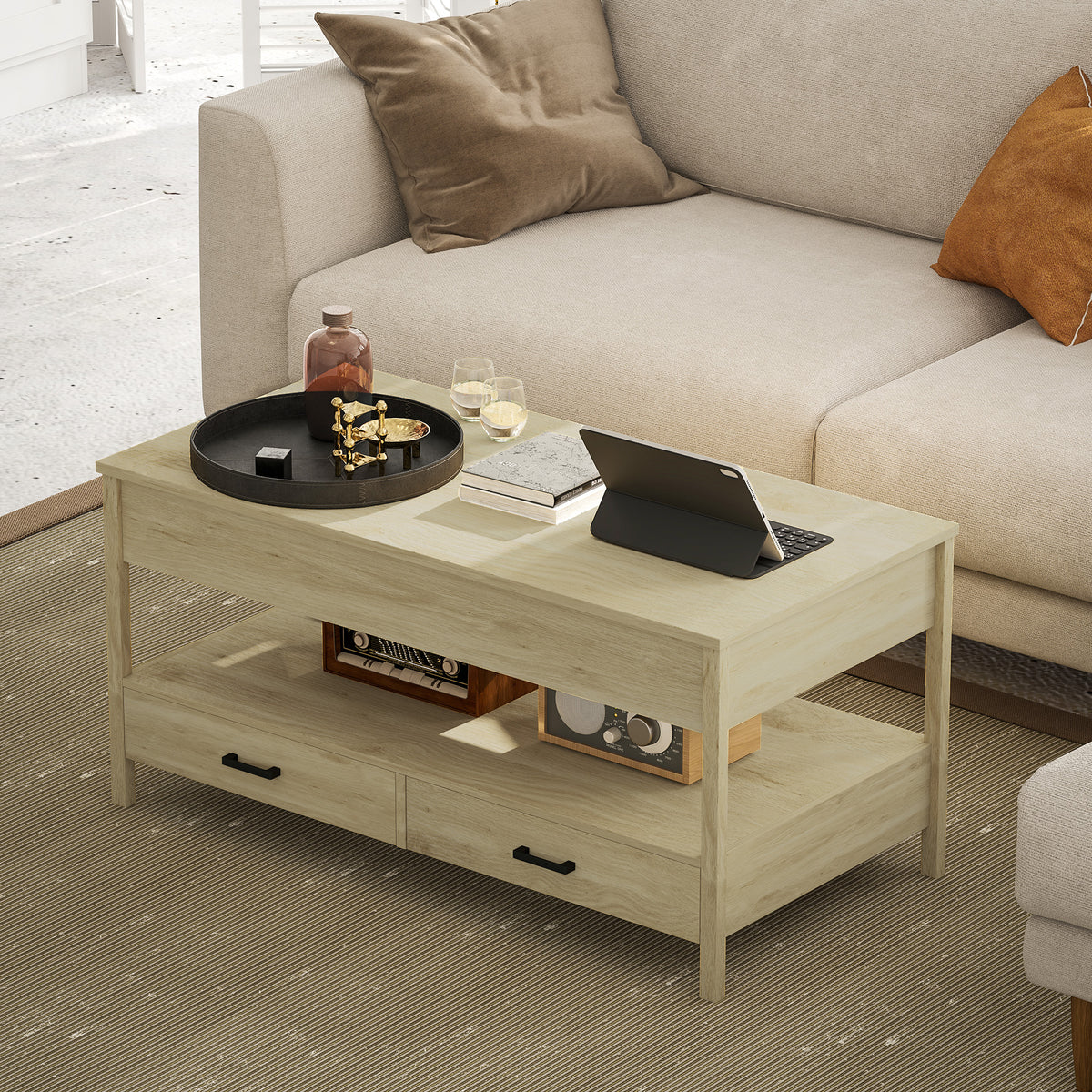 Mesa de Centro Elevável Mesa de Centro com Bancada Elevável Espaço Oculto de Armazenamento Gavetas e Prateleira Aberta 100x50x48-62 cm Carvalho — foto 7