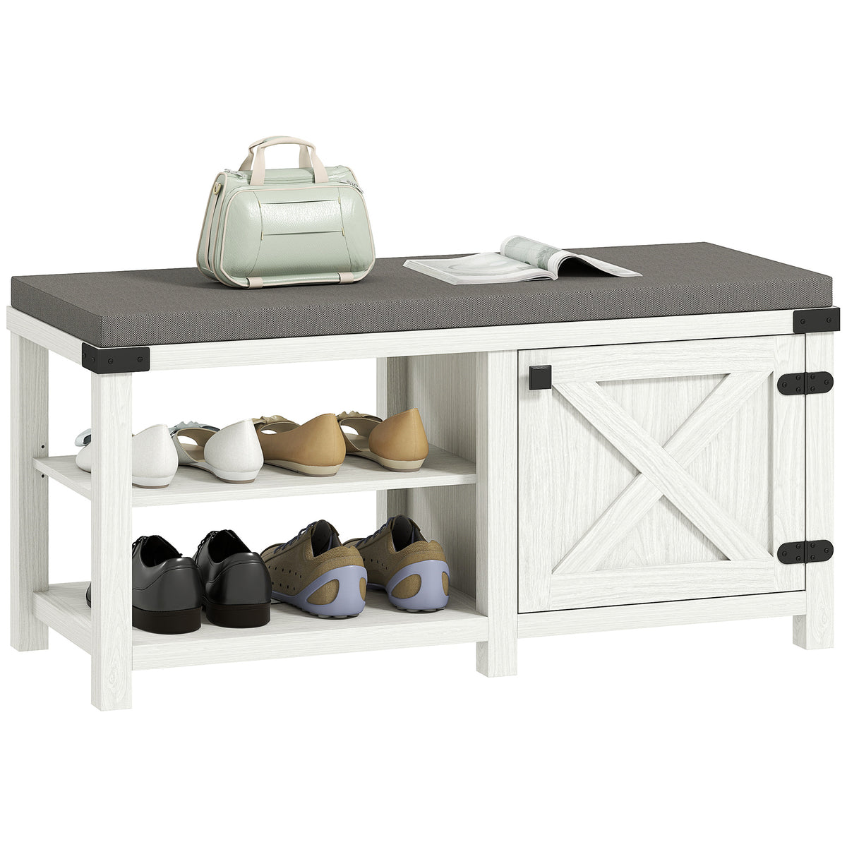 Banco Sapateira Rústico Sapateira com Assento Organizador de Sapatos com Compartimentos Almofada para 7 Pares de Sapatos para Entrada Sala de Estar Quarto 100x40x48 cm Branco com Veios e Cinza — foto 1