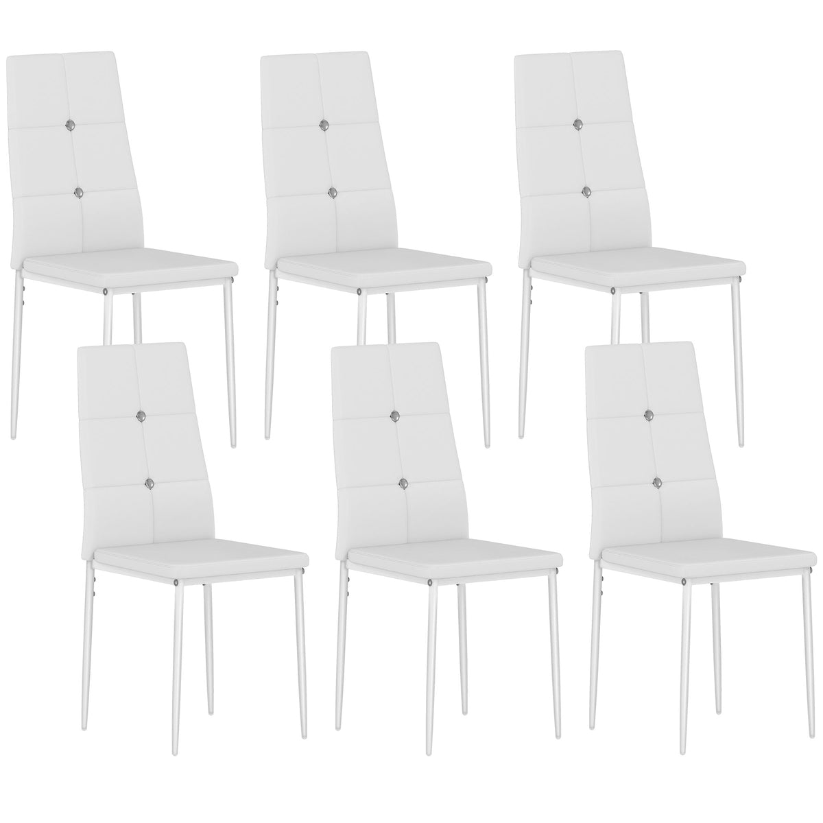 Conjunto de 6 Cadeiras de Sala de Jantar Estofadas em PU Cadeiras de Cozinha com Encosto Alto com Botões e Pernas de Aço Desenho Moderno para Sala de Estar Quarto 41x50x97 cm Branco — foto 1