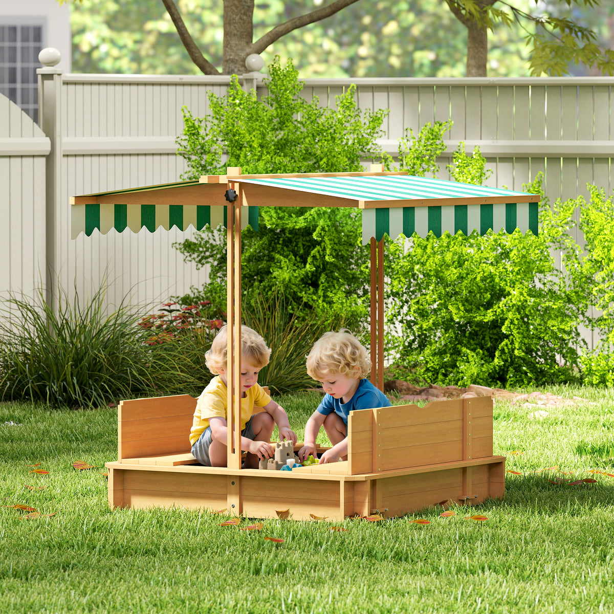 Caixa de Areia para Crianças de Madeira Caixa de Areia Infantil com Toldo Ajustável em Altura 2 Bancos e Encostos Removíveis para Pátio Jardim 106x106x121 cm Natural — foto 2
