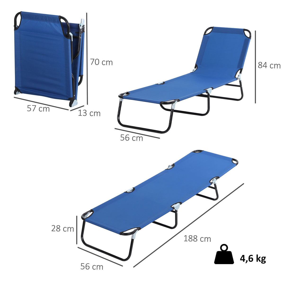 Espreguiçadeira Dobrável Reclinável com Ângulo Ajustável de 3 Posições para Exterior Carga 120 kg 188x56x28 cm Azul — foto 3