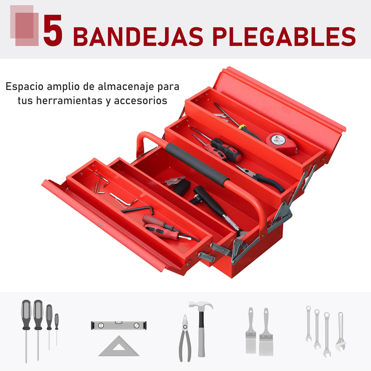 Caixa de ferramentas dobrável de aço com 5 compartimentos Maleta de ferramentas com alça 45x22,5x34,5 cm Vermelho — foto 5