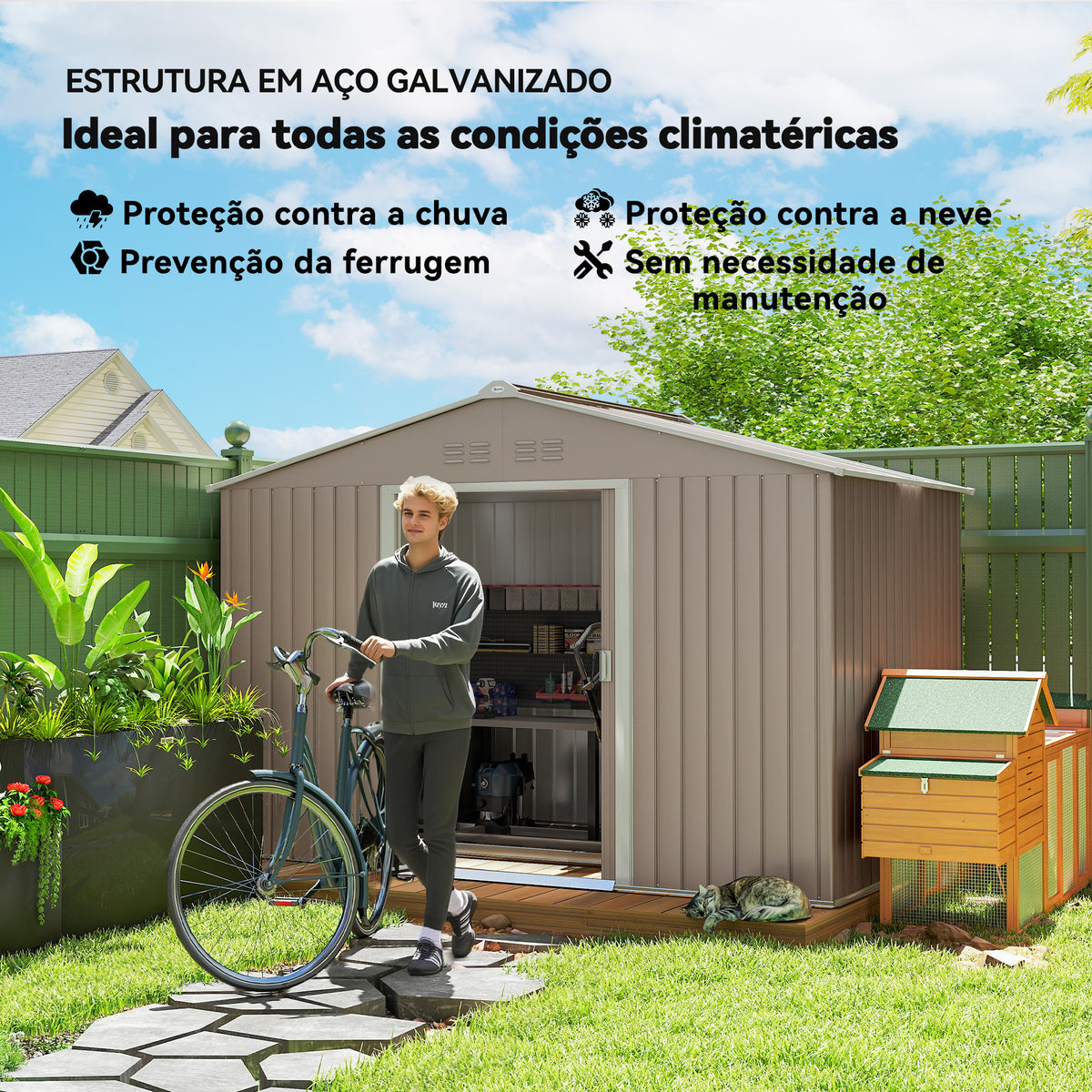 Abrigo de Jardim Exterior Abrigo e Jardim Metálico para Armazenamento de Ferramentas com Base de Reforço Incluída e 4 Janelas 277x195x192 cm Cinzento — foto 5