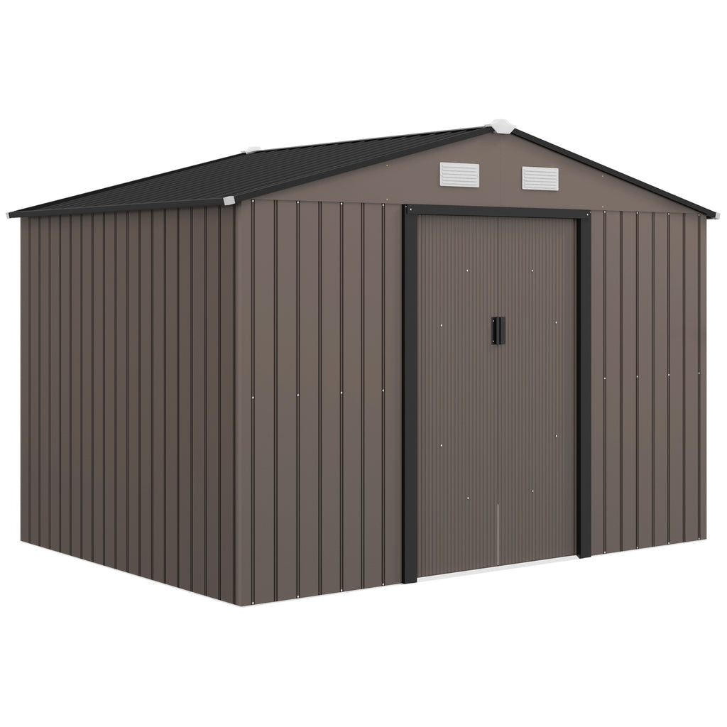 Abrigo de Jardim Exterior Abrigo e Jardim Metálico para Armazenamento de Ferramentas com Base Incluída e 4 Janelas 277x195x192 cm Madeira — foto 1