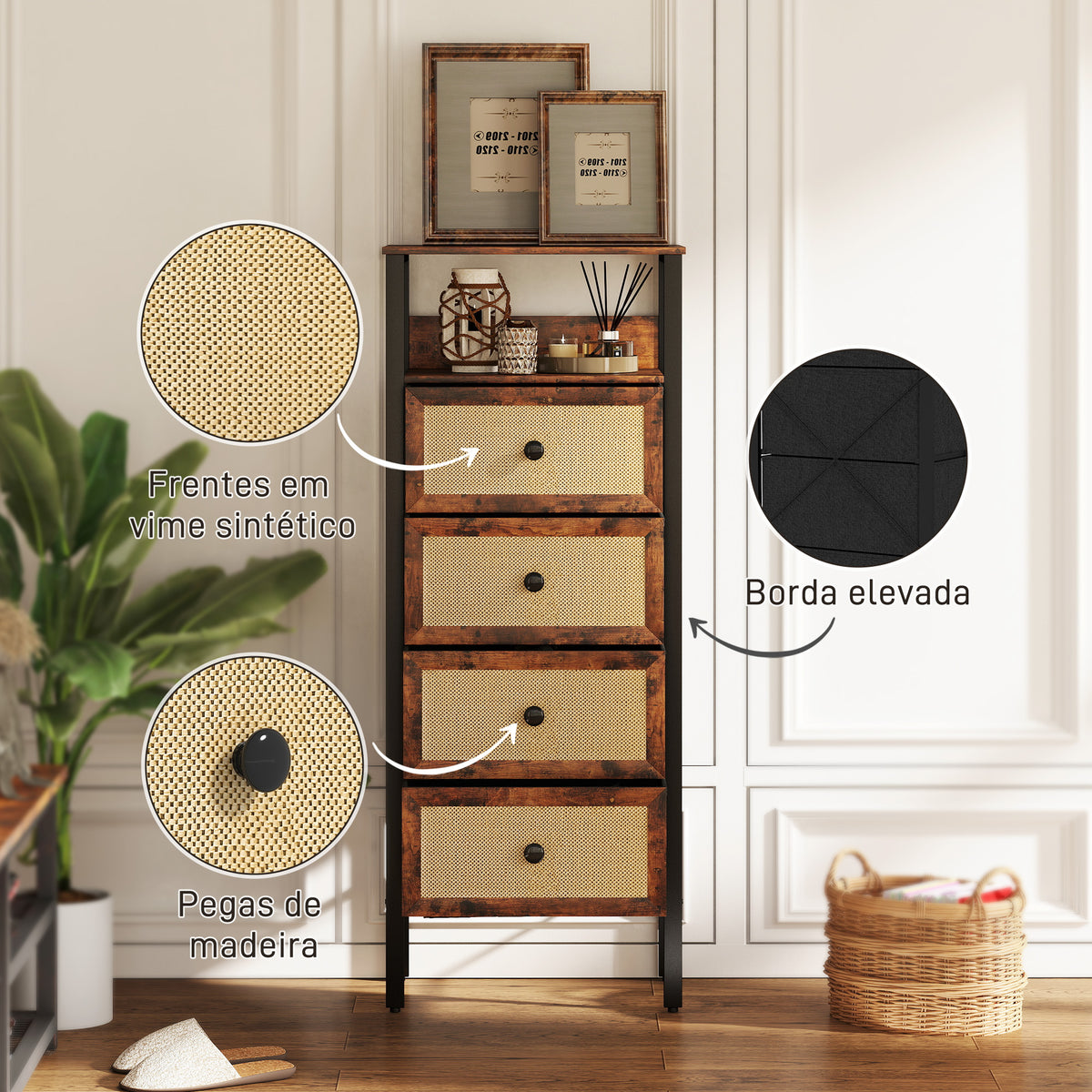 Cómoda de Tecido Cómoda para Dormitório com 4 Gavetas com Frente em Vime Prateleira e Estrutura em Aço para Sala de Estar 50x30x126 cm Marrom Rústico — foto 7