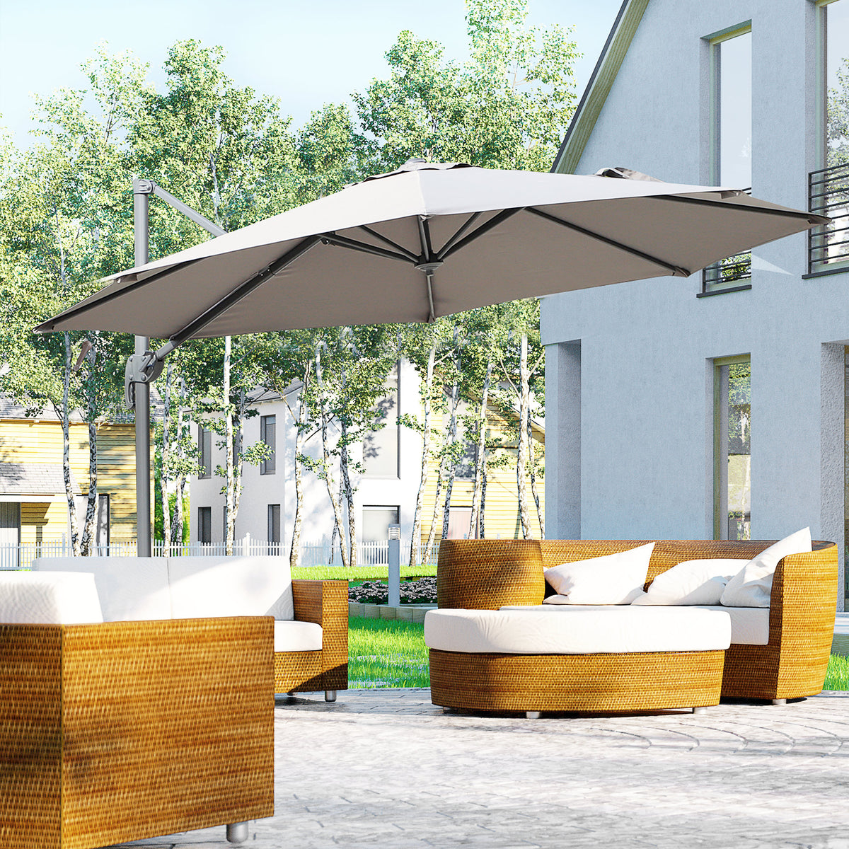 Chapéu de Sol de Jardim de Alumínio Ø300x250cm Chapéu de Sol Excêntrico com Rotação 360° Inclinação de 6 Níveis com Manivela Ventilação e Base Cruzada para Pátio Varanda Cinza — foto 2