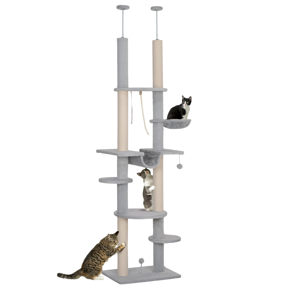 Arranhador para Gatos do Chão ao Teto 225-255 cm Arranhador para Gatos com 7 Níveis Rede Plataformas Postes de Arranhar Bola Suspensa Cinza — foto 1