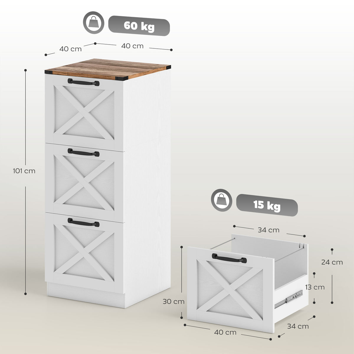 Gaveteiro de Escritório com 3 Gavetas Arquivos Suspensos para Formatos Carta/A4 Estilo Rústico 40x40x101 cm Branco — foto 2