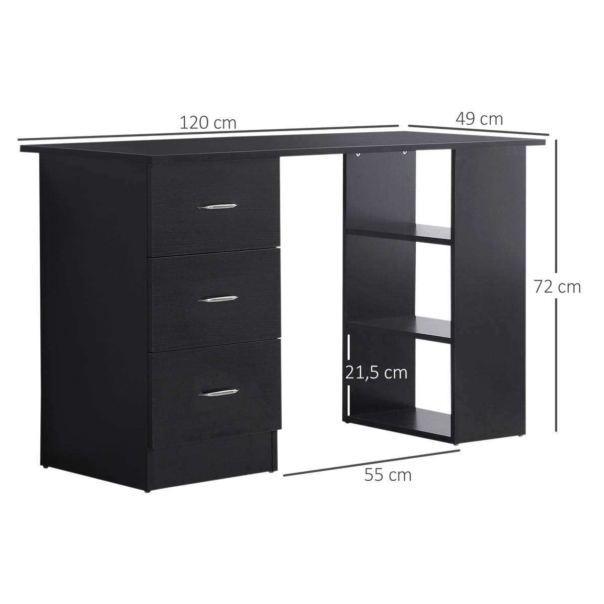 Mesa de Escritório com Armazenamento 120x50 cm Mesa de Computador Prateleiras e Gavetas para Espaços Pequenos Quarto Preto — foto 2