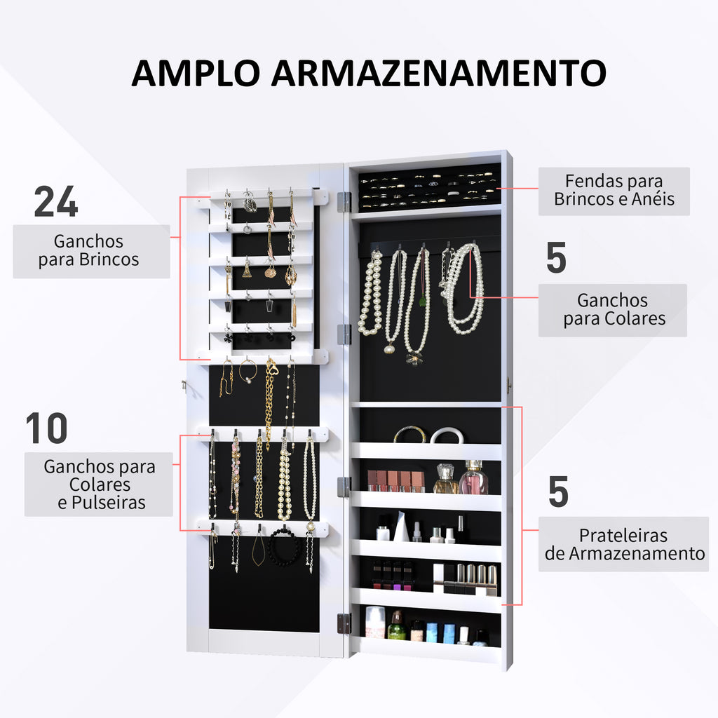 Espelho com Móvel de Bijuterias de Parede Espelho de Parede Organizador de Jóias com Ganchos e Ranhuras para Dormitórios 37x9,5x112cm Branco — foto 4