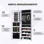 Espelho com Móvel de Bijuterias de Parede Espelho de Parede Organizador de Jóias com Ganchos e Ranhuras para Dormitórios 37x9,5x112cm Branco — foto 4
