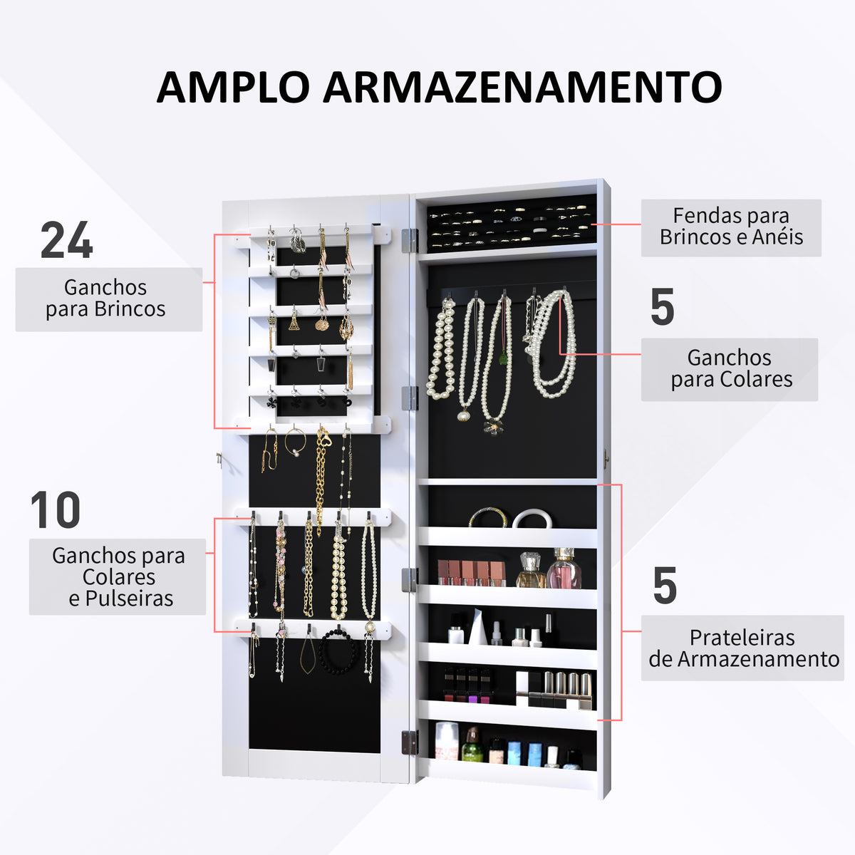 Espelho com Móvel de Bijuterias de Parede Espelho de Parede Organizador de Jóias com Ganchos e Ranhuras para Dormitórios 37x9,5x112cm Branco — foto 4