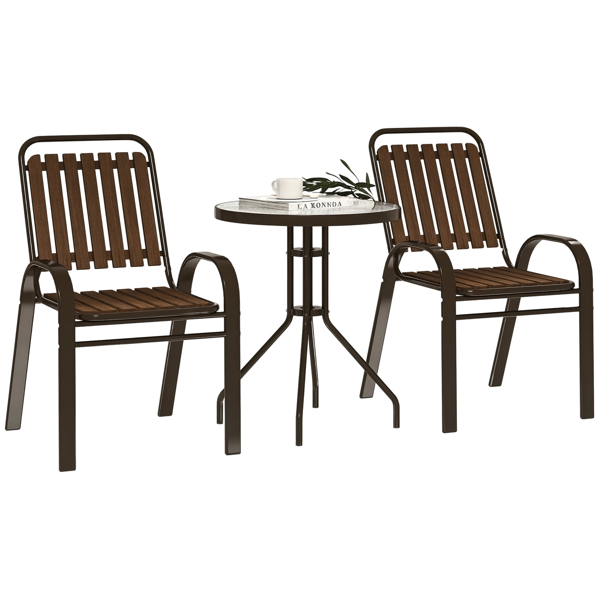 Conjunto de Jardim de 3 Peças Conjunto de Móveis de Exterior com 2 Cadeiras Empilháveis Mesa com Bancada de Vidro Temperado e Estrutura de Aço para Pátio Varanda Marrom Escuro — foto 1