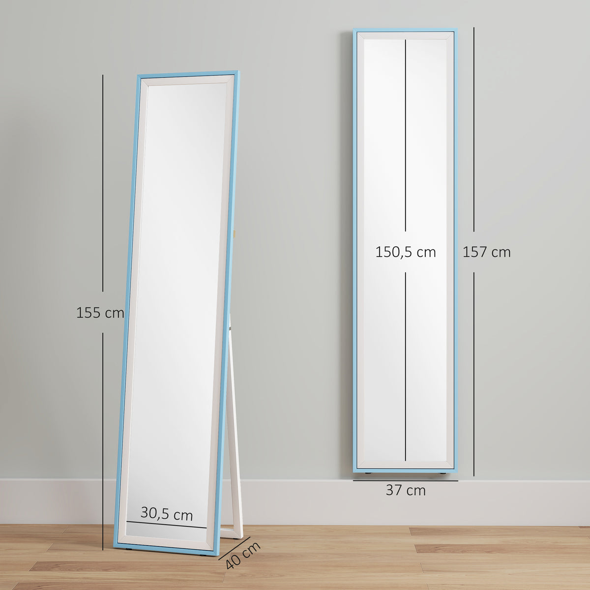 Espelho de Pé 157x37 cm com Moldura em MDF Espelho de Parede Retangular para Pendurar com Suporte 2 Formas de Utilização para Sala de Estar Entrada e Quarto Branco e Azul — foto 3