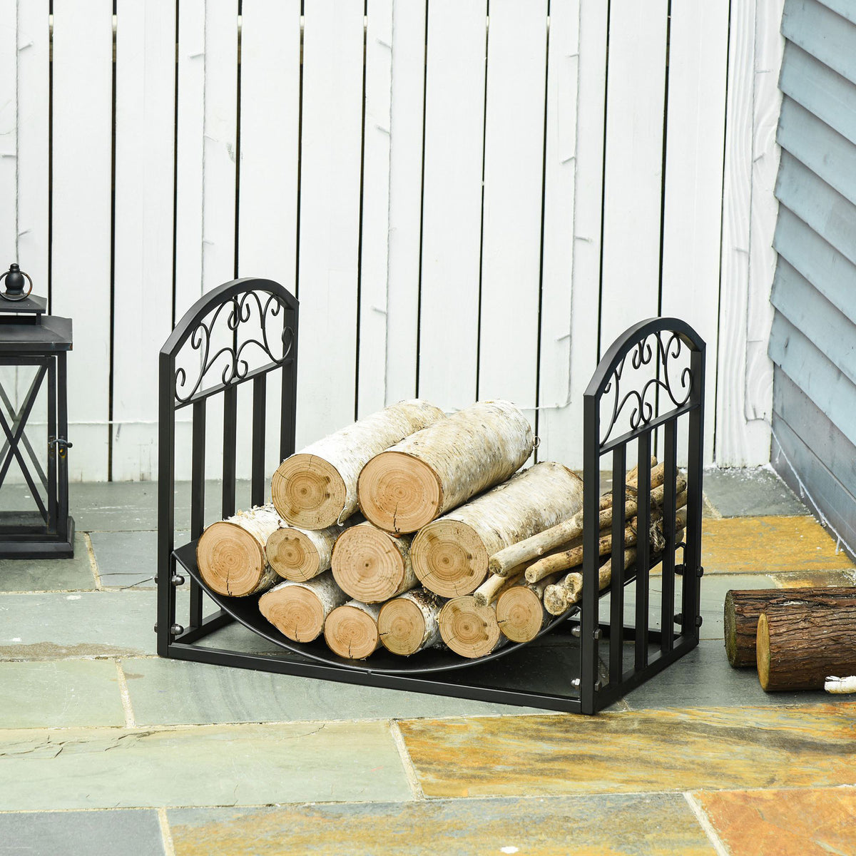 Suporte para Lenha Estante para Lenha Lenheiro de Metal com Prateleira Curva Carga 60 kg para Interior e Exterior 60,5x36x46,5 cm Preto — foto 2
